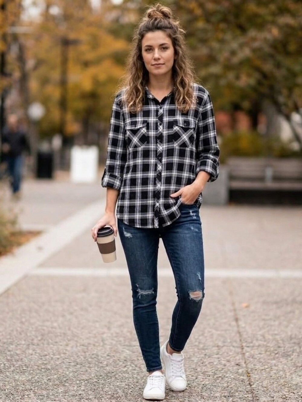 Cloth & Stone Button Up Plaid Sz S Blk/White